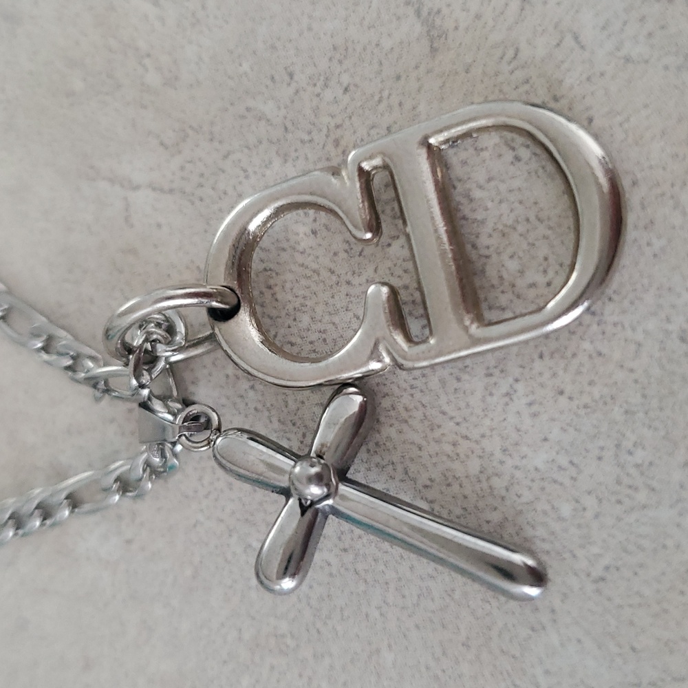 Christian Dior Bag Zip Pull Charm Repurposed Upcycled On Stainless Steel Chain